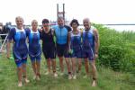 Die Jederm&auml;nner der Gaensefurther Sportbewegung kurz vor Abfahrt des Schaufelraddampfers „Queen Arendsee“: Renate Liedtke, Kirsten Geist, Deb&uuml;tantin Nancy Bothe (demn&auml;chst auch ein Bode-Runner), Deb&uuml;tant Nico Mahler, Sabine und Jens-Uwe B&ouml;rner (v.l.)