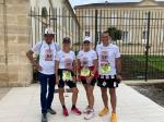 Das diesjährige Motto des 38. Medoc Marathons war „Mach dein Spiel“. Josef Hindricks begleitete die Truppe teilweise mit dem Fahrrad. Katrin Winkler-Hindricks, Debütantin Claudia und Dirk Meier absolvierten die Marathondistanz über 42,195 Kilometer (v.l.).