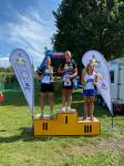 Die erstplatzierten Frauen in der Olympischen Distanz (v.l.) Jessica Bertrand (Fahrrad Magdeburg Trimago), Kim Heilemann (Stadtwerke Merseburg), Celia Jentzsch (DLRG Halle) 