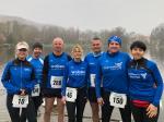 Da hatten sie noch gut lachen: Petra Becker, Detlef Sch&auml;fer, Jens Schlottag, Kirsten Geist, Dirk Meier, Olaf und Nancy Bothe (v.l.) starteten beim anspruchsvollen Oster-Ilsetallauf.